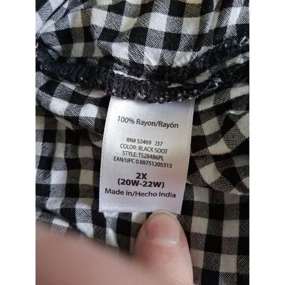Women's Plus 2X 20W-22W Top Terra & Sky Pullover Black & White Check Cap Sleeves - Picture 4 of 7